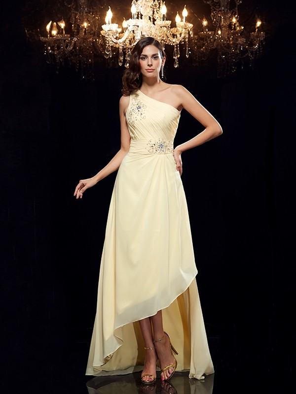 A-Line/Princess One-Shoulder Beading Sleeveless High Low Chiffon Dresses 3835