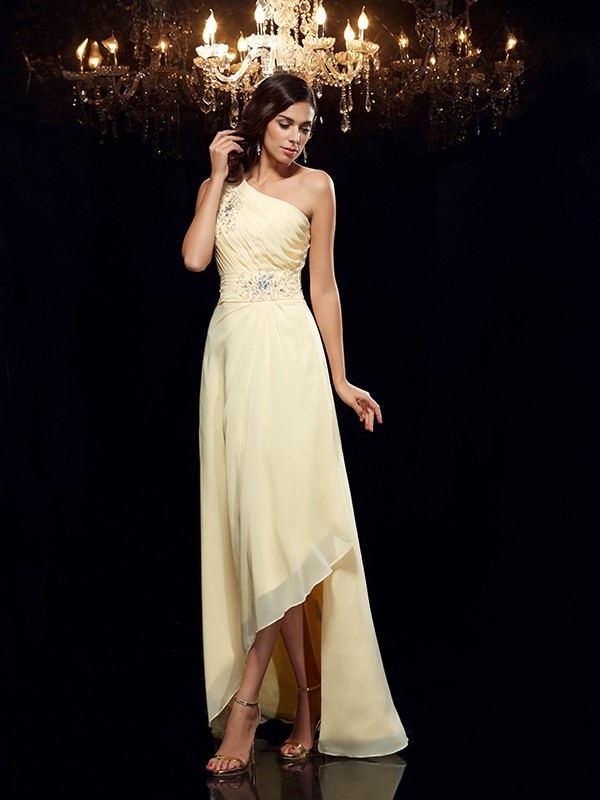 A-Line/Princess One-Shoulder Beading Sleeveless High Low Chiffon Dresses 3835