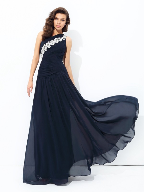 A-line/Princess One-Shoulder Applique Sleeveless Long Chiffon Dresses 3831