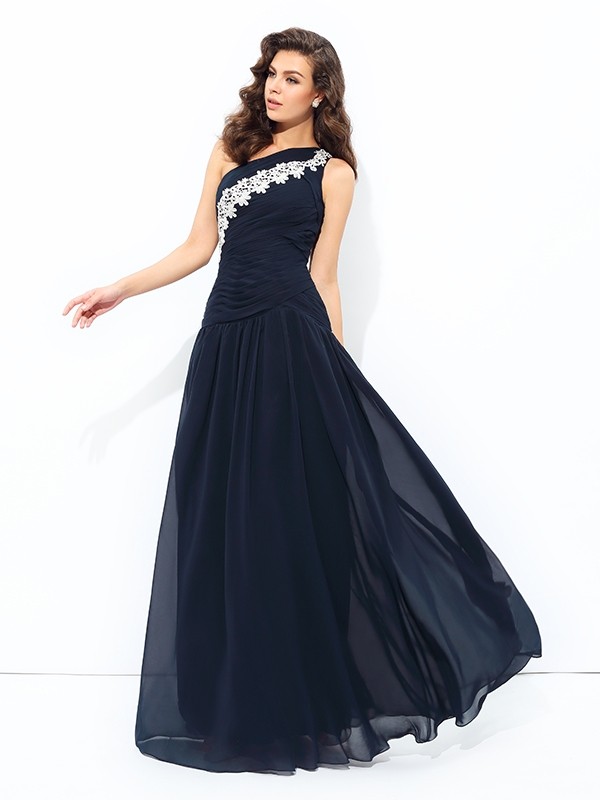 A-line/Princess One-Shoulder Applique Sleeveless Long Chiffon Dresses 3831