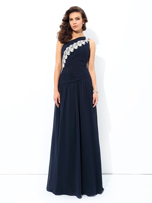 A-line/Princess One-Shoulder Applique Sleeveless Long Chiffon Dresses 3831