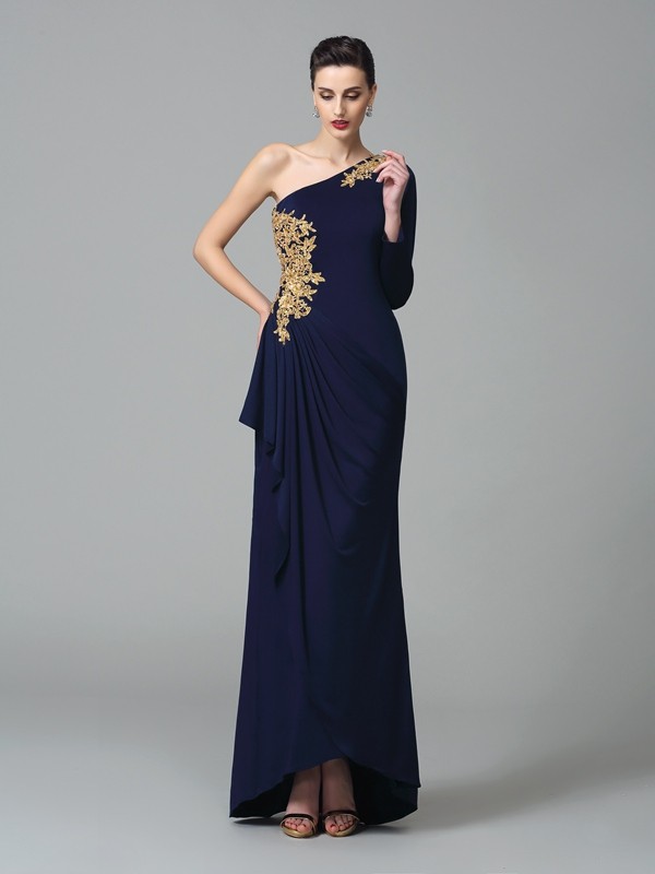 Sheath/Column One-Shoulder Embroidery Long Sleeves Long Spandex Dresses 6163