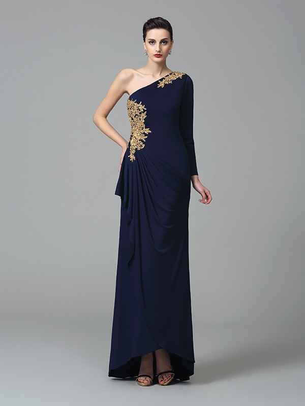 Sheath/Column One-Shoulder Embroidery Long Sleeves Long Spandex Dresses 6163