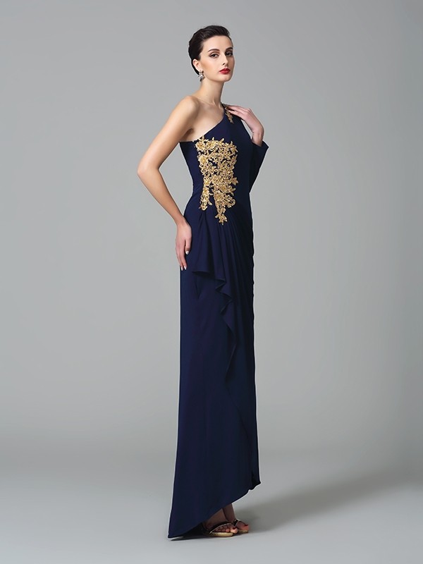 Sheath/Column One-Shoulder Embroidery Long Sleeves Long Spandex Dresses 6163