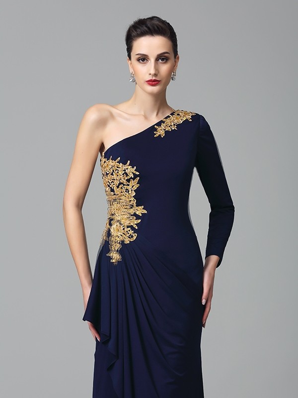 Sheath/Column One-Shoulder Embroidery Long Sleeves Long Spandex Dresses 6163