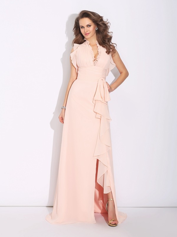 A-Line/Princess High Neck Ruffles Sleeveless Long Chiffon Dresses 3637