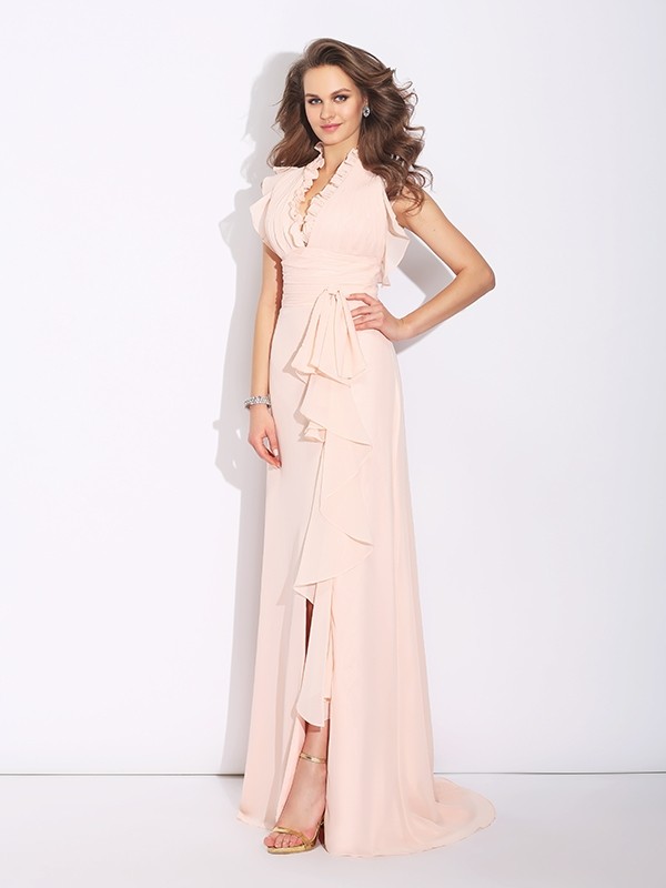 A-Line/Princess High Neck Ruffles Sleeveless Long Chiffon Dresses 3637