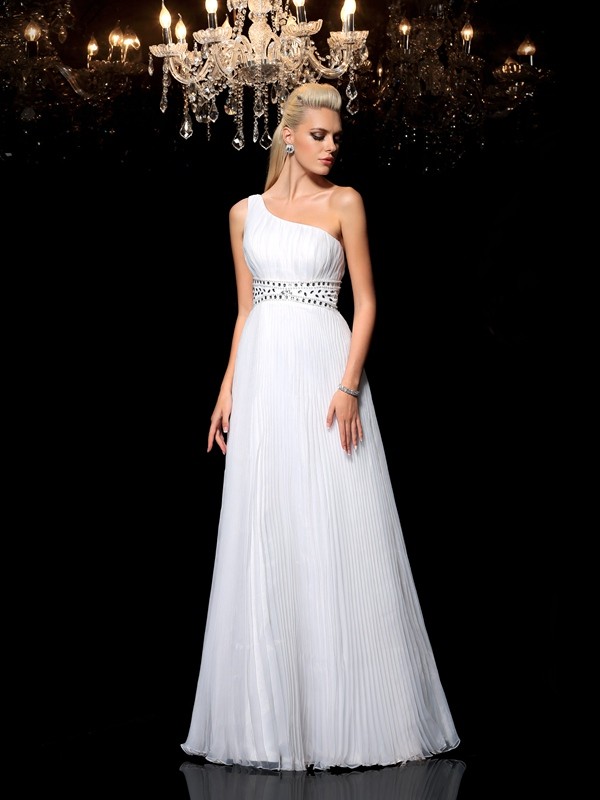 A-Line/Princess One-Shoulder Beading Sleeveless Long Organza Dresses 3856