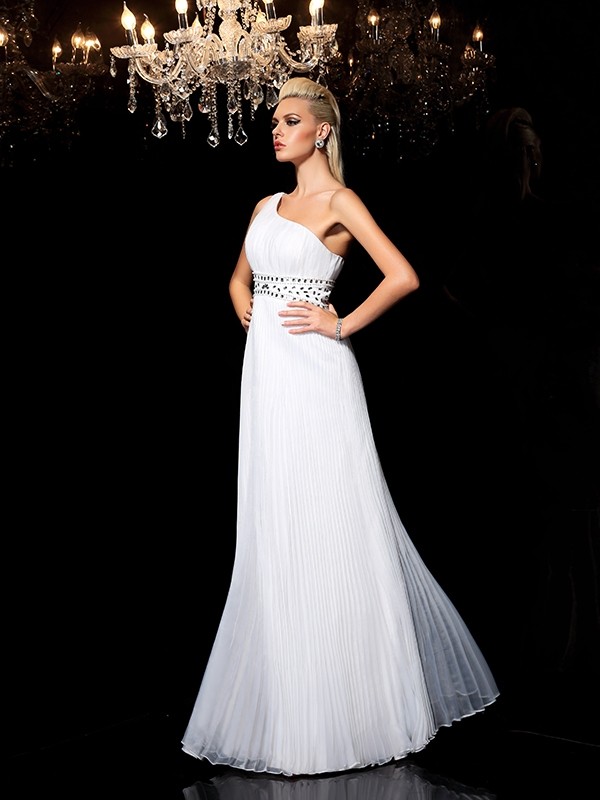 A-Line/Princess One-Shoulder Beading Sleeveless Long Organza Dresses 3856