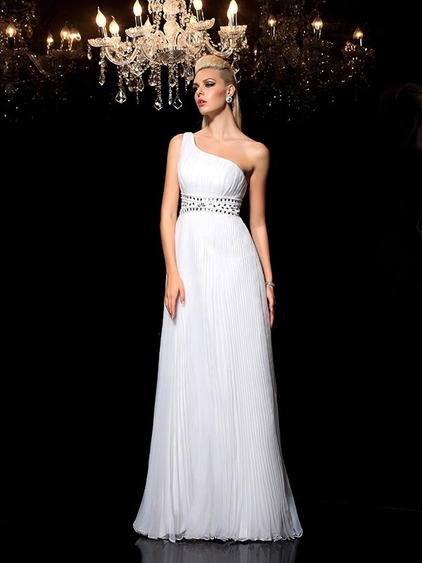 A-Line/Princess One-Shoulder Beading Sleeveless Long Organza Dresses 3856