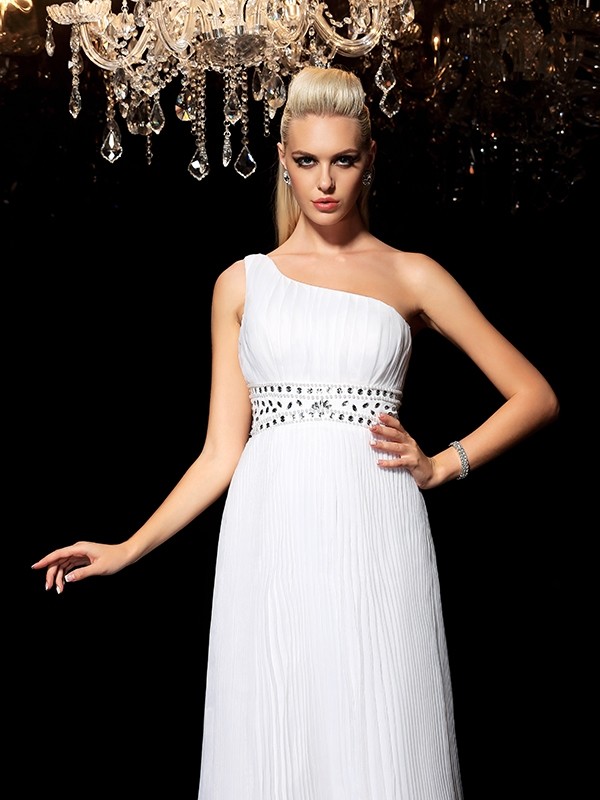 A-Line/Princess One-Shoulder Beading Sleeveless Long Organza Dresses 3856