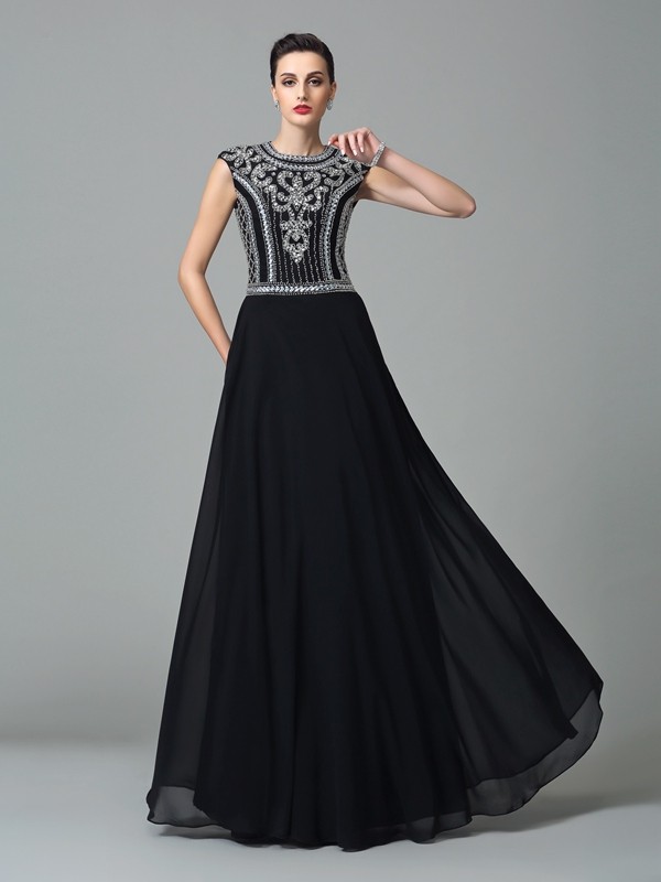 A-Line/Princess Jewel Beading Short Sleeves Long Chiffon Dresses 3671