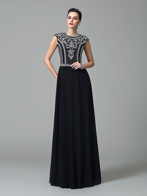 A-Line/Princess Jewel Beading Short Sleeves Long Chiffon Dresses 3671