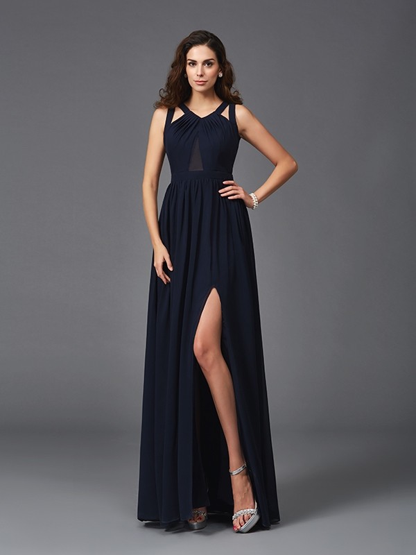 A-Line/Princess Straps Sleeveless Long Chiffon Dresses 4859