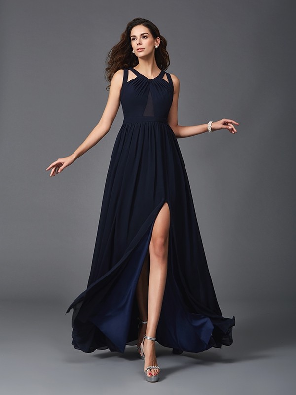 A-Line/Princess Straps Sleeveless Long Chiffon Dresses 4859