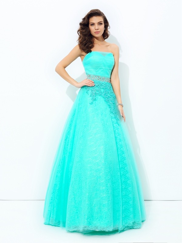 A-line/Princess Strapless Beading Sleeveless Long Elastic Woven Satin Dresses 4752