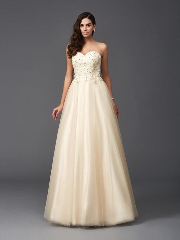 A-Line/Princess Sweetheart Beading Sleeveless Long Net Dresses 4964