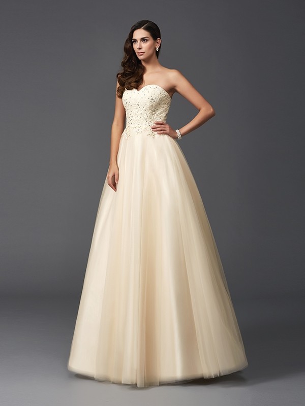 A-Line/Princess Sweetheart Beading Sleeveless Long Net Dresses 4964