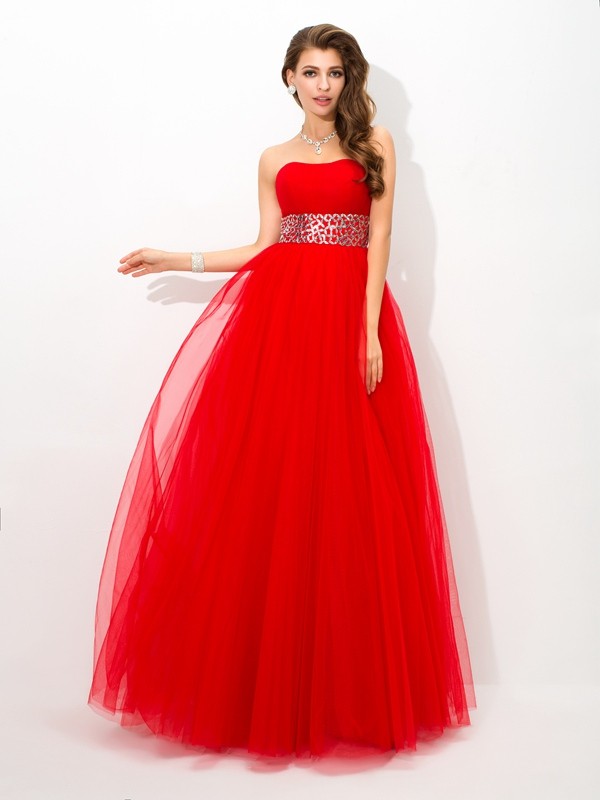 Ball Gown Strapless Beading Sleeveless Long Net Quinceanera Dresses 5741