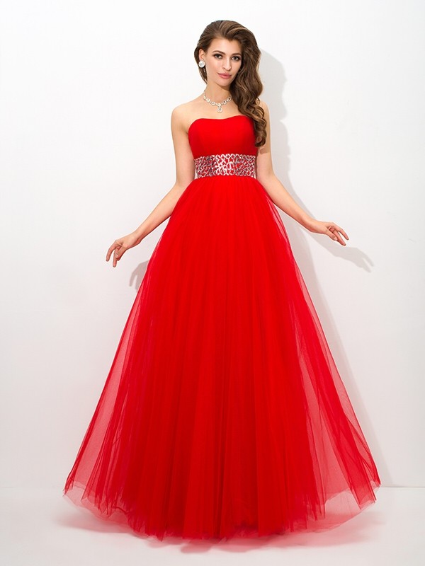 Ball Gown Strapless Beading Sleeveless Long Net Quinceanera Dresses 5741