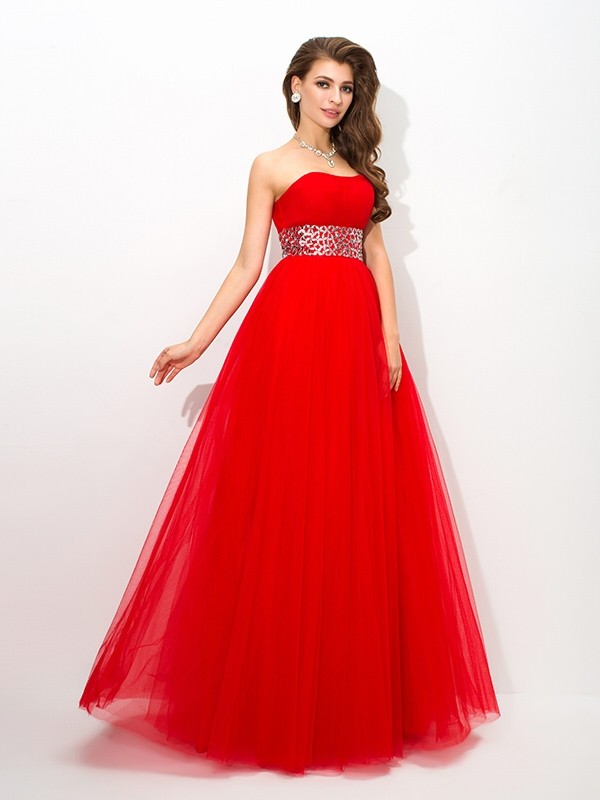 Ball Gown Strapless Beading Sleeveless Long Net Quinceanera Dresses 5741