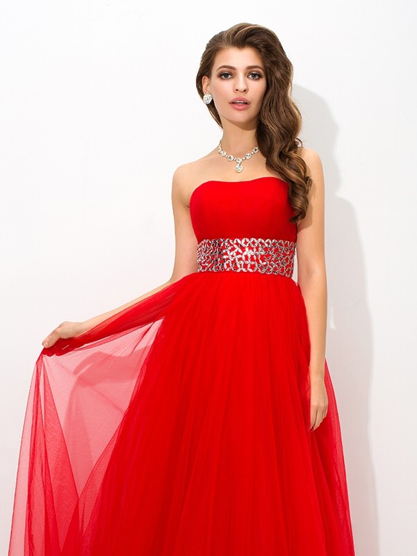 Ball Gown Strapless Beading Sleeveless Long Net Quinceanera Dresses 5741