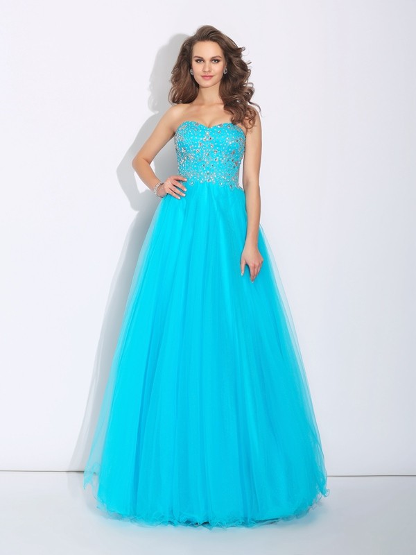 A-Line/Princess Sweetheart Rhinestone Sleeveless Long Satin Dresses 4995