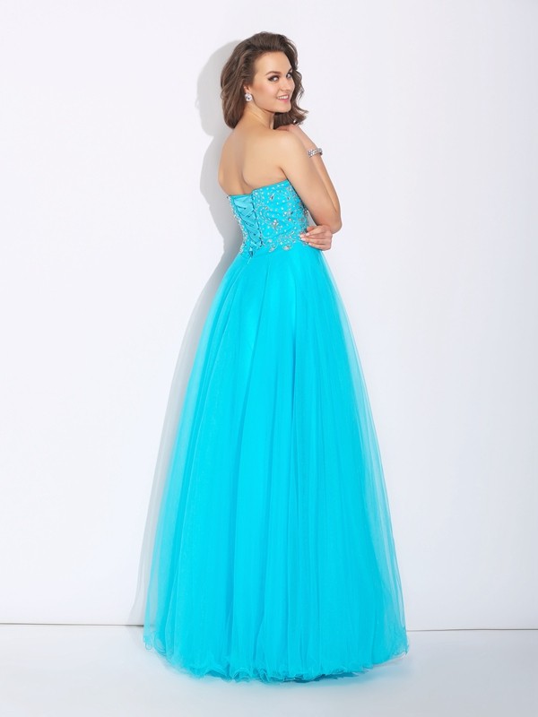 A-Line/Princess Sweetheart Rhinestone Sleeveless Long Satin Dresses 4995