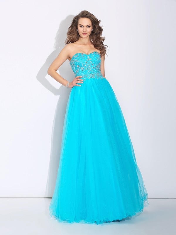 A-Line/Princess Sweetheart Rhinestone Sleeveless Long Satin Dresses 4995