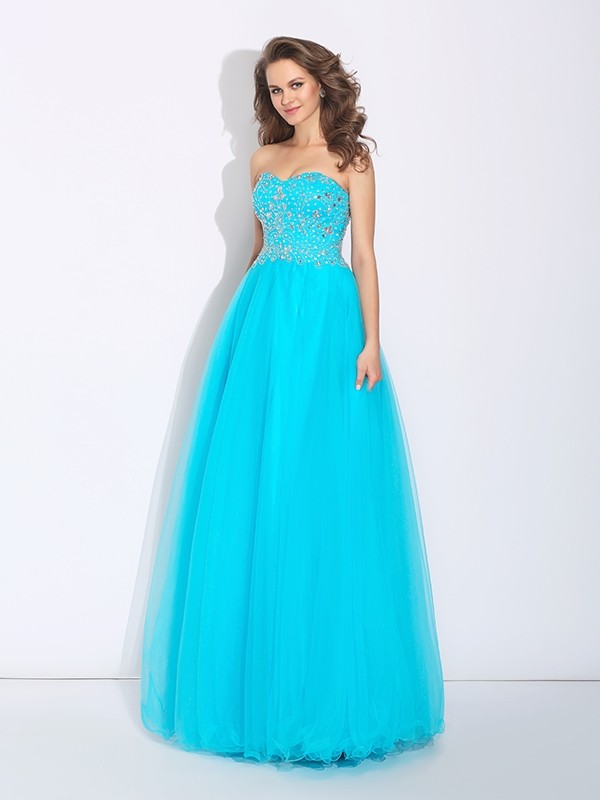 A-Line/Princess Sweetheart Rhinestone Sleeveless Long Satin Dresses 4995