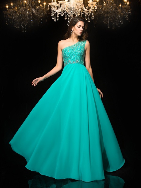 A-Line/Princess One-Shoulder Beading Sleeveless Long Chiffon Dresses 3851