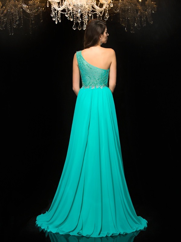 A-Line/Princess One-Shoulder Beading Sleeveless Long Chiffon Dresses 3851