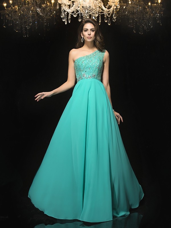 A-Line/Princess One-Shoulder Beading Sleeveless Long Chiffon Dresses 3851