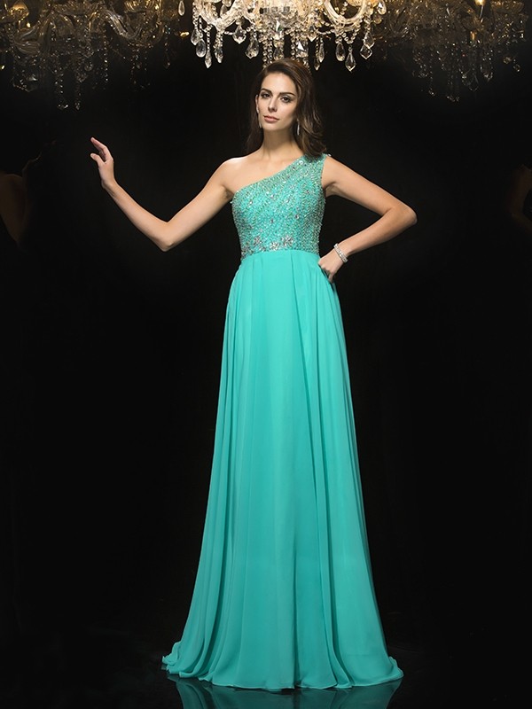 A-Line/Princess One-Shoulder Beading Sleeveless Long Chiffon Dresses 3851