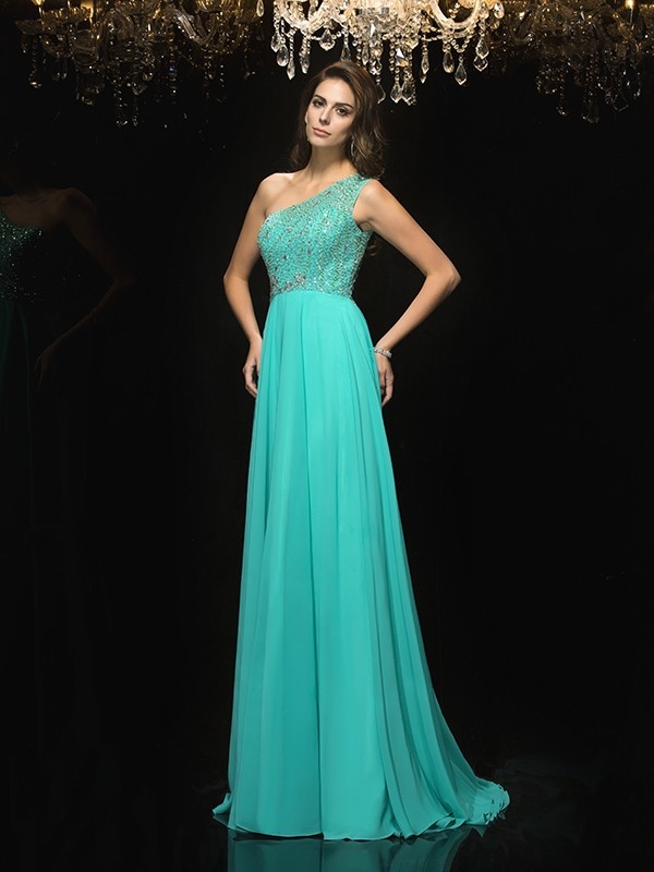 A-Line/Princess One-Shoulder Beading Sleeveless Long Chiffon Dresses 3851