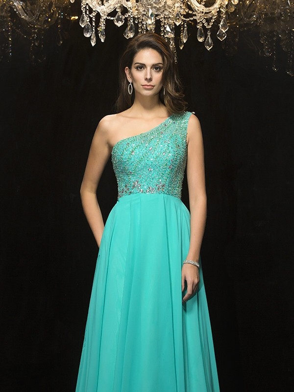 A-Line/Princess One-Shoulder Beading Sleeveless Long Chiffon Dresses 3851