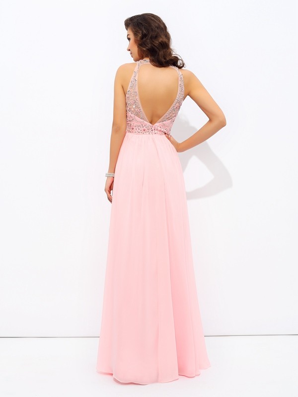 A-line/Princess Jewel Beading Sleeveless Long Chiffon Dresses 3677