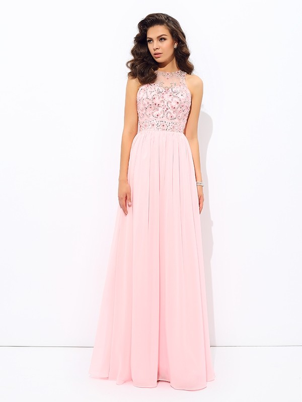 A-line/Princess Jewel Beading Sleeveless Long Chiffon Dresses 3677