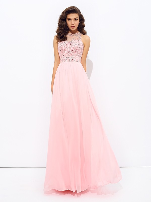 A-line/Princess Jewel Beading Sleeveless Long Chiffon Dresses 3677