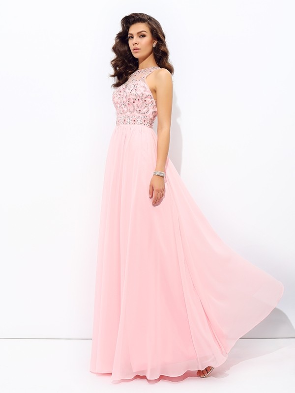 A-line/Princess Jewel Beading Sleeveless Long Chiffon Dresses 3677