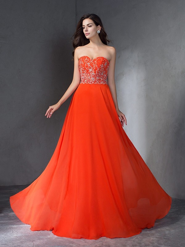 A-Line/Princess Sleeveless Sweetheart Long Beading Chiffon Dresses 4628