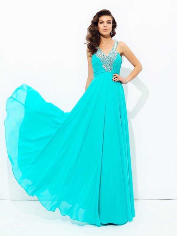 A-line/Princess V-neck Paillette Sleeveless Long Chiffon Dresses 5477