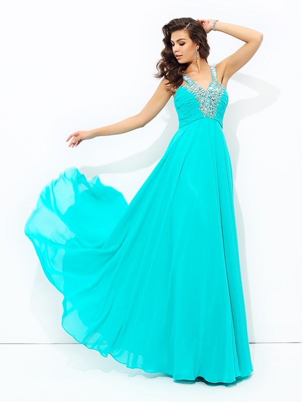 A-line/Princess V-neck Paillette Sleeveless Long Chiffon Dresses 5477