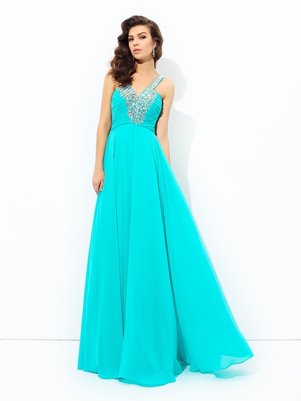 A-line/Princess V-neck Paillette Sleeveless Long Chiffon Dresses 5477