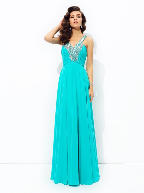 A-line/Princess V-neck Paillette Sleeveless Long Chiffon Dresses 5477