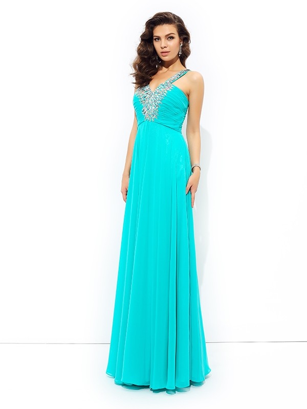 A-line/Princess V-neck Paillette Sleeveless Long Chiffon Dresses 5477