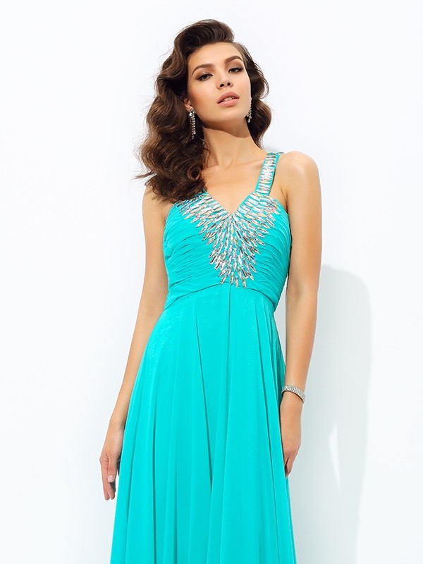 A-line/Princess V-neck Paillette Sleeveless Long Chiffon Dresses 5477