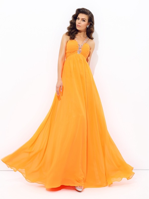 A-line/Princess V-neck Rhinestone Sleeveless Long Chiffon Dresses 5482