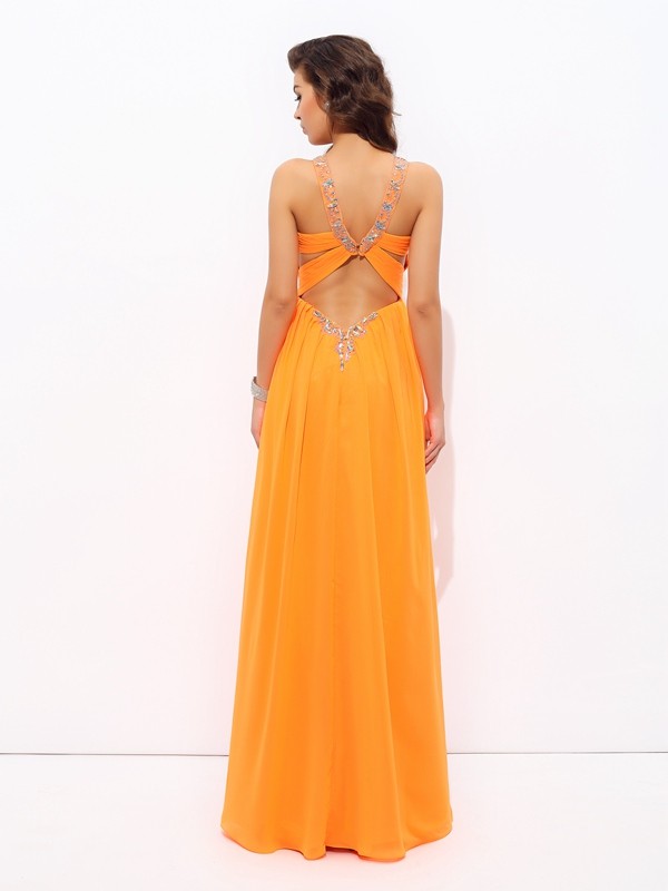 A-line/Princess V-neck Rhinestone Sleeveless Long Chiffon Dresses 5482