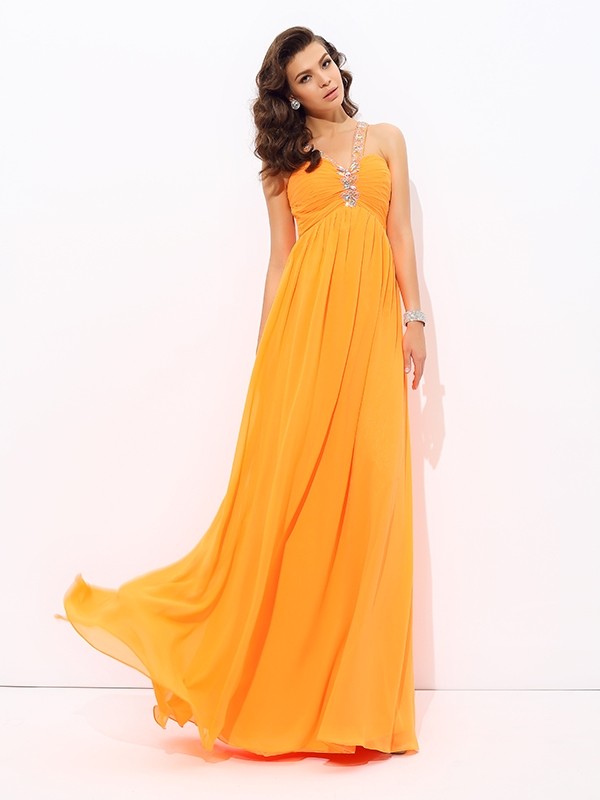 A-line/Princess V-neck Rhinestone Sleeveless Long Chiffon Dresses 5482